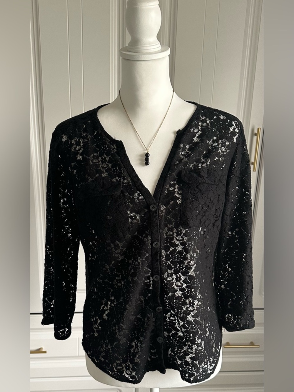 New York & Company Ladies Medium Black Lace Button-Front Women’s Top